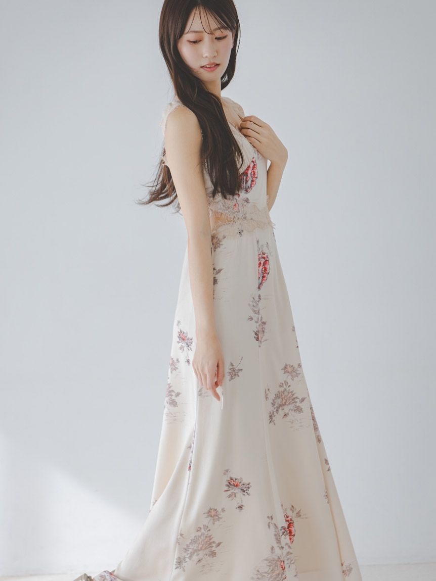 レーストリムプリントキャミワンピース(マキシ・ロングワンピース