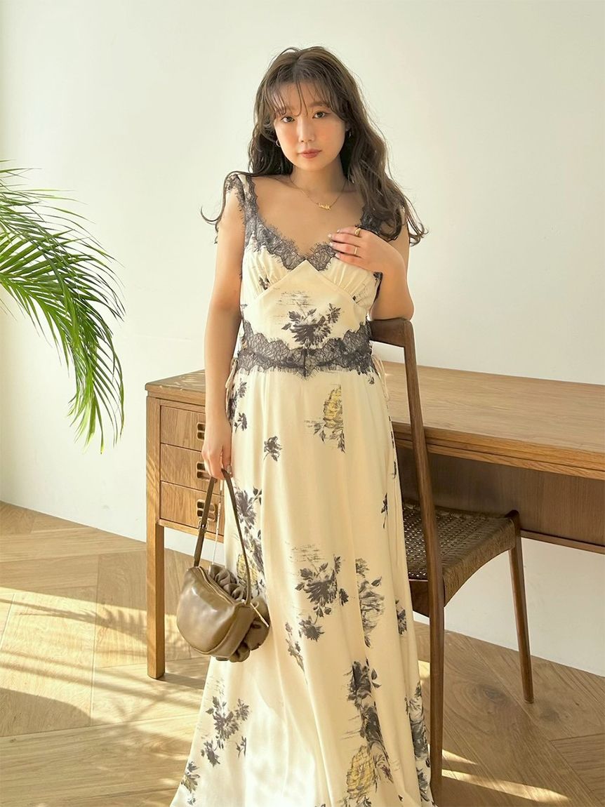 レーストリムプリントキャミワンピース(マキシ・ロングワンピース