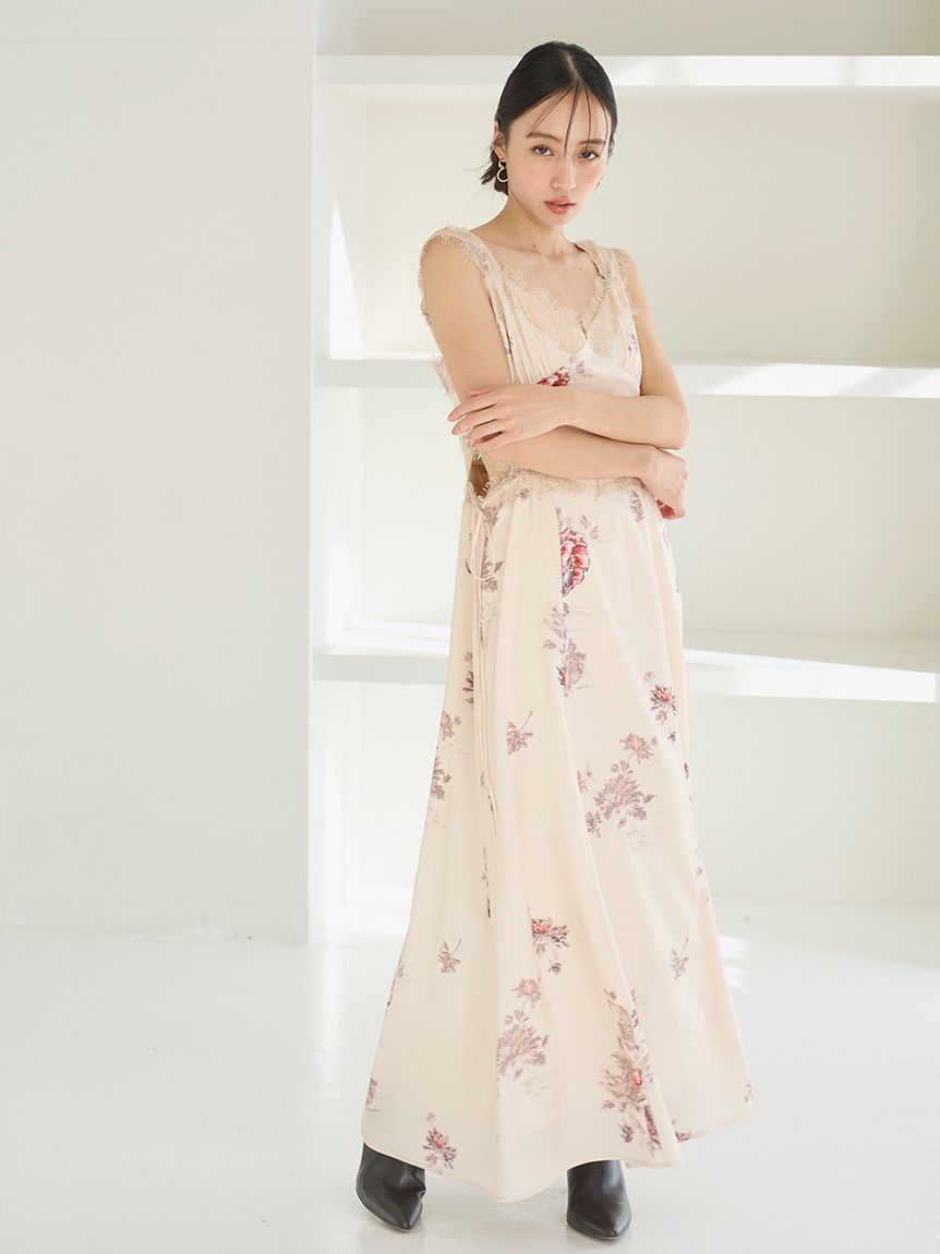 レーストリムプリントキャミワンピース(マキシ・ロングワンピース