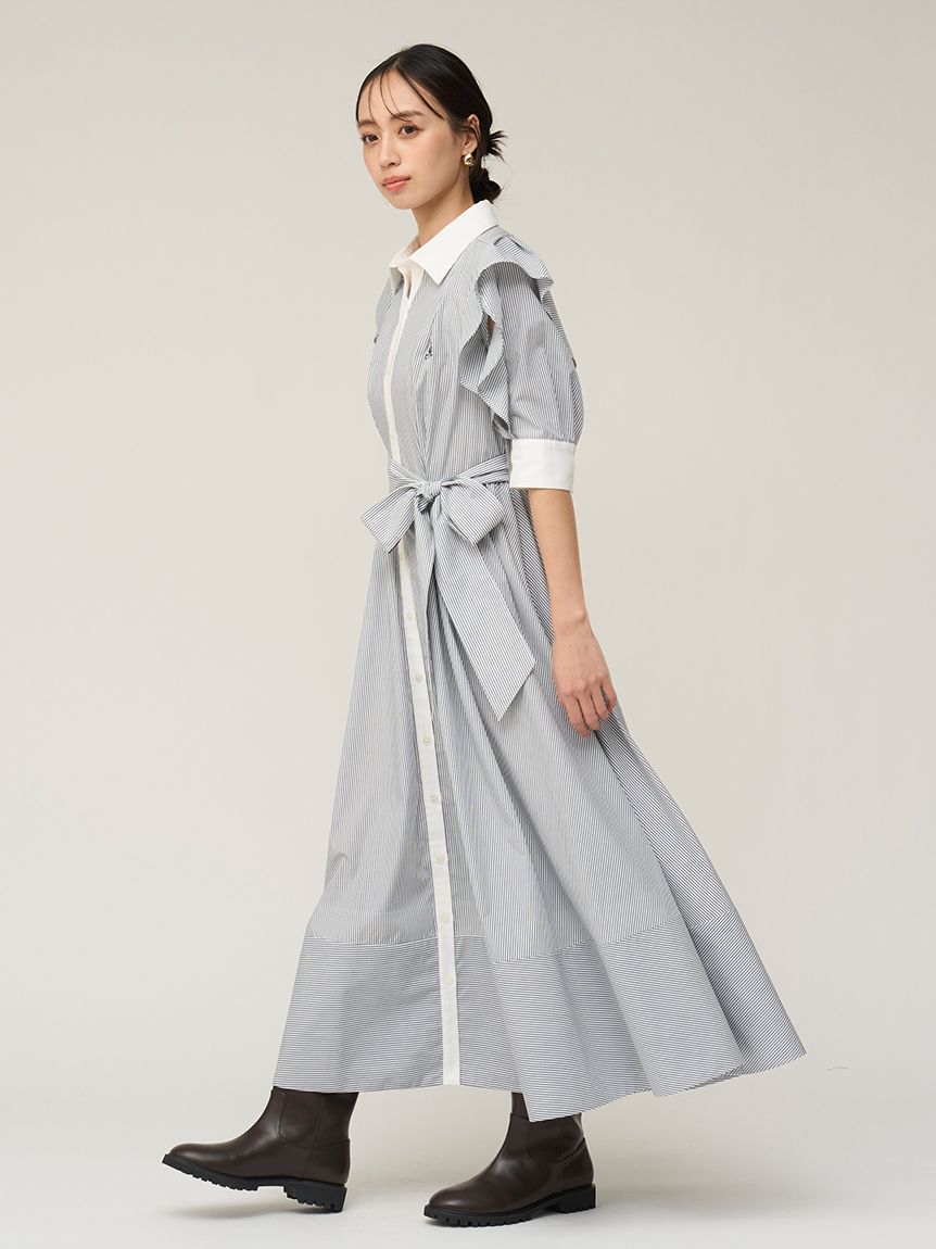Sustainableフリルデザインシャツワンピース(ロングワンピース