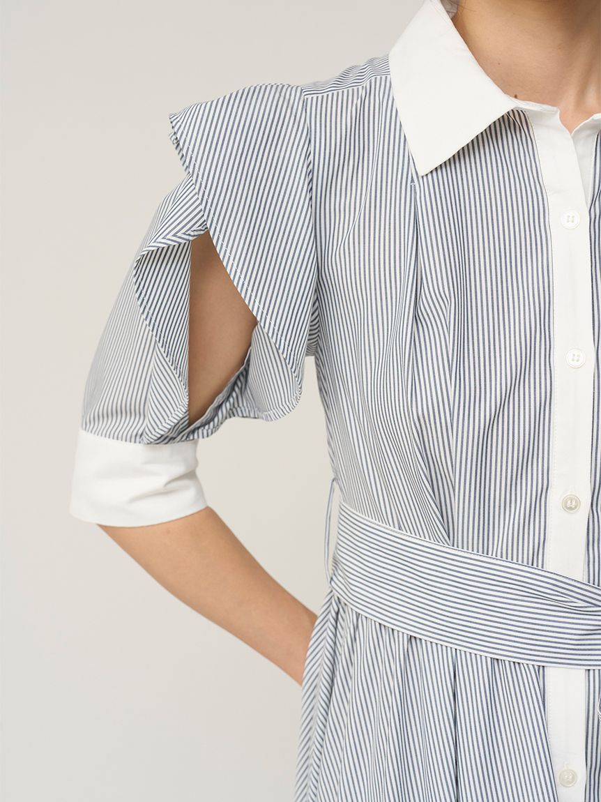Sustainableフリルデザインシャツワンピース(ロングワンピース