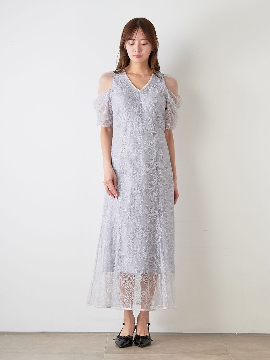 ラメブレードVネックレースドレス(マキシ・ロングワンピース