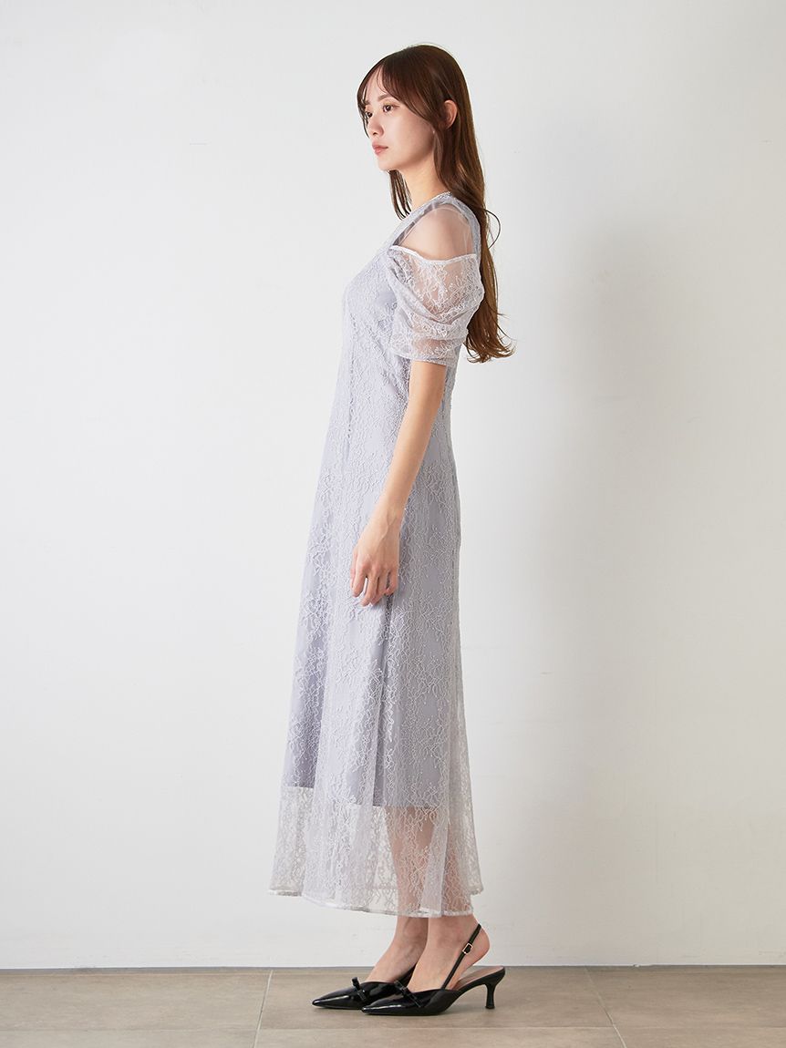 ラメブレードVネックレースドレス(マキシ・ロングワンピース