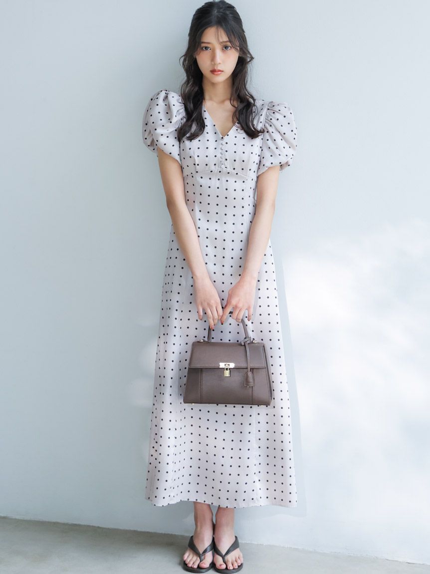 Sustainableギャザーパフスリーブドットワンピース(ロングワンピース