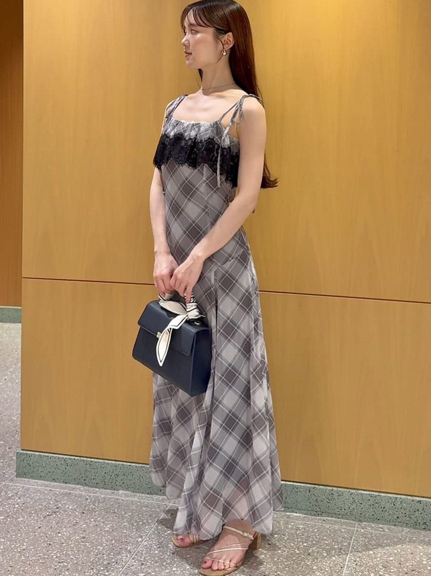 レースフリルチェックキャミワンピース(ロングワンピース)｜ワンピース