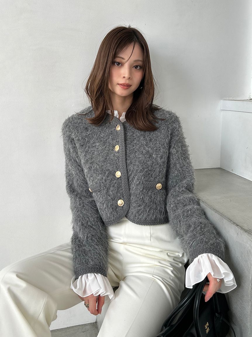 今季美品スナイデルファーライクフリルニットジャケット　snidel ツイード風 ファーライクフリルニットジャケット(ジャケット)｜アウター｜SNIDEL