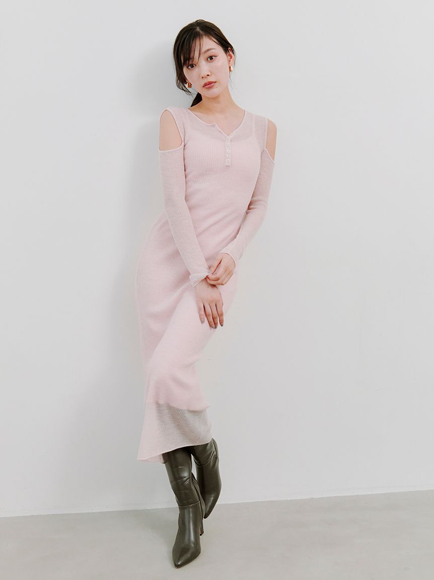 オープンショルダーシアーニットワンピース　ブラウン オープンショルダーシアーニットワンピース(マキシ・ロング