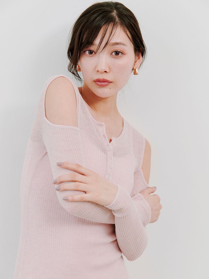 オープンショルダーシアーニットワンピース(マキシ・ロング