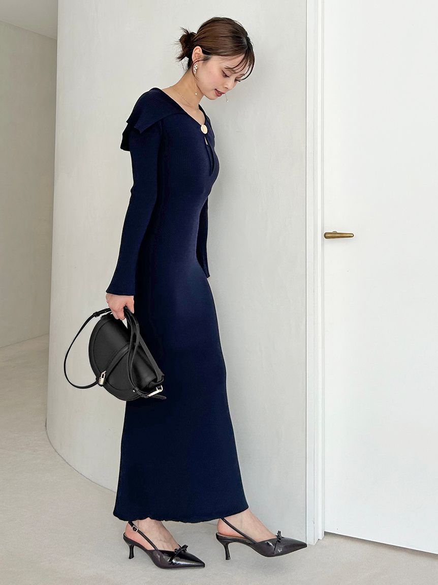 Sustainableデザインフロントニットワンピース(マキシ・ロング