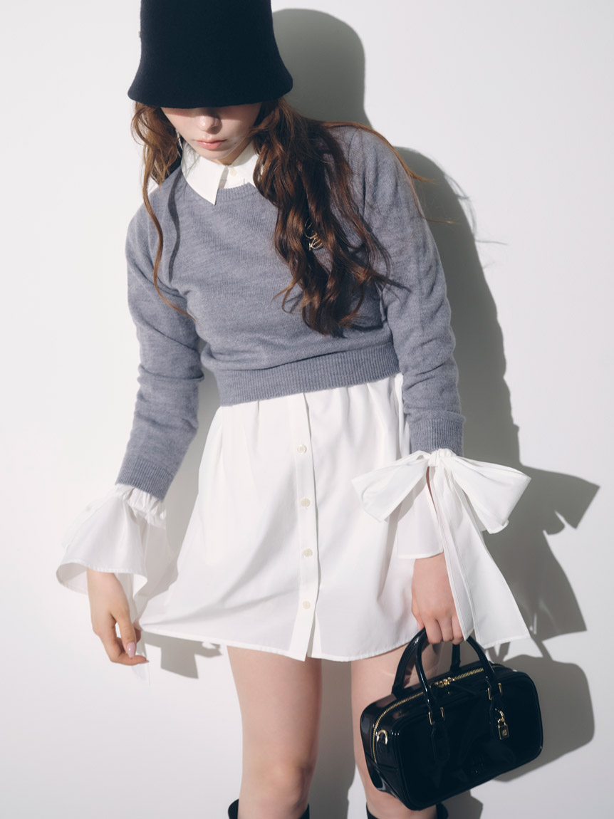 ニットセットブローチ付きミニシャツワンピース(ミニワンピース