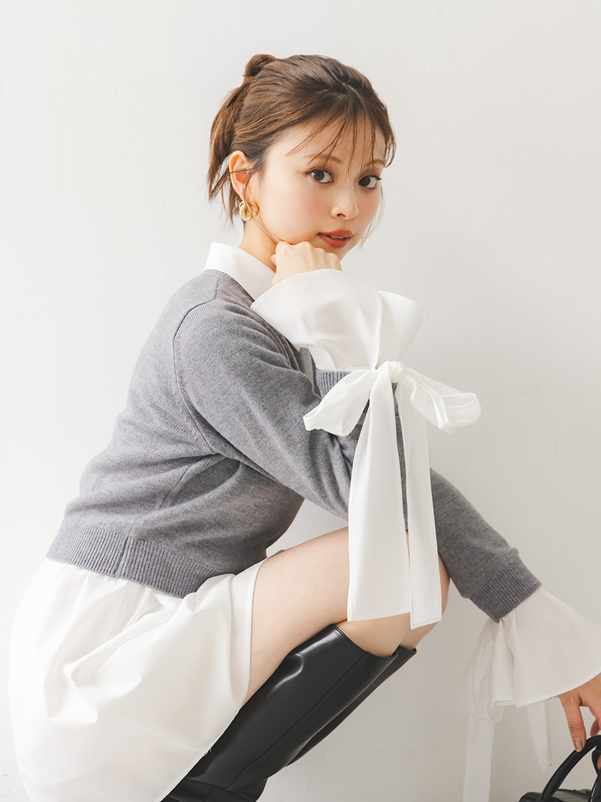 ニットセットブローチ付きミニシャツワンピース(ミニワンピース