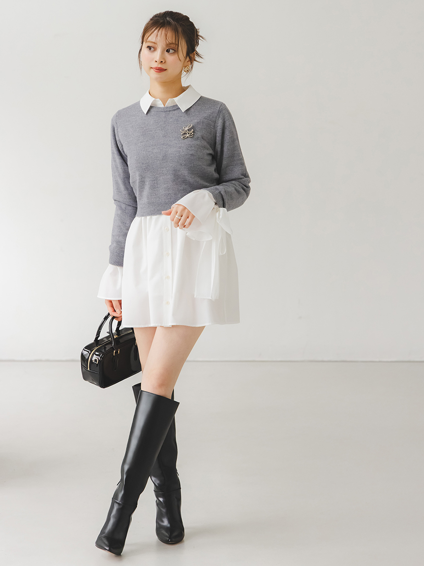 ニットセットブローチ付きミニシャツワンピース(ミニワンピース