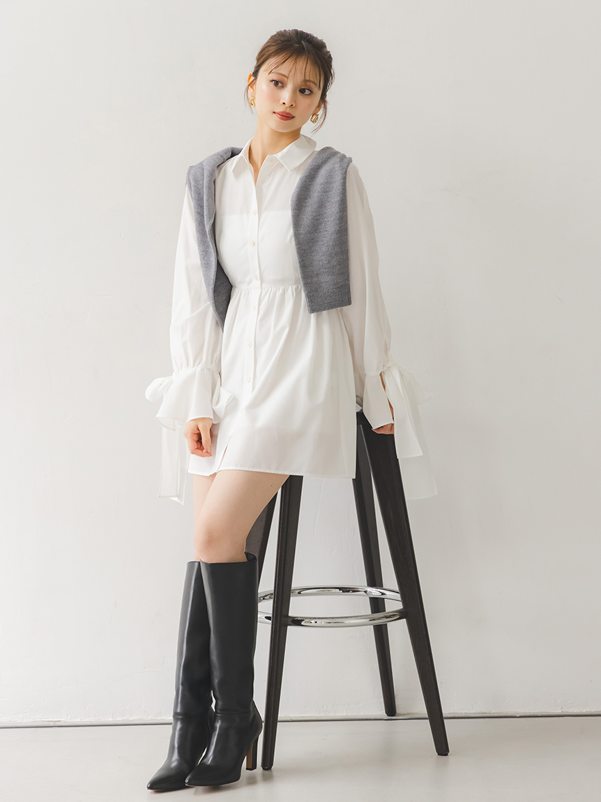 ニットセットブローチ付きミニシャツワンピース(ミニワンピース