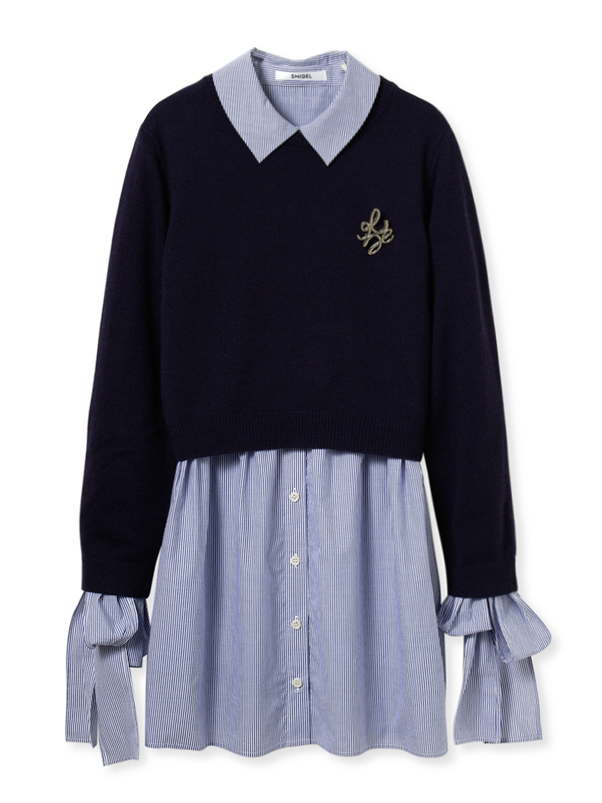 ニットセットブローチ付きミニシャツワンピース(ミニワンピース