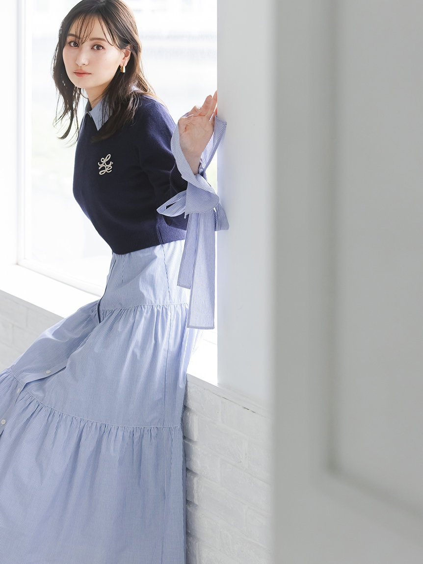 【新品】スナイデル ニットシャツワンピース ネイビー サイズ0 SNIDEL ニットセットブローチ付きロングシャツワンピース(マキシ・ロング