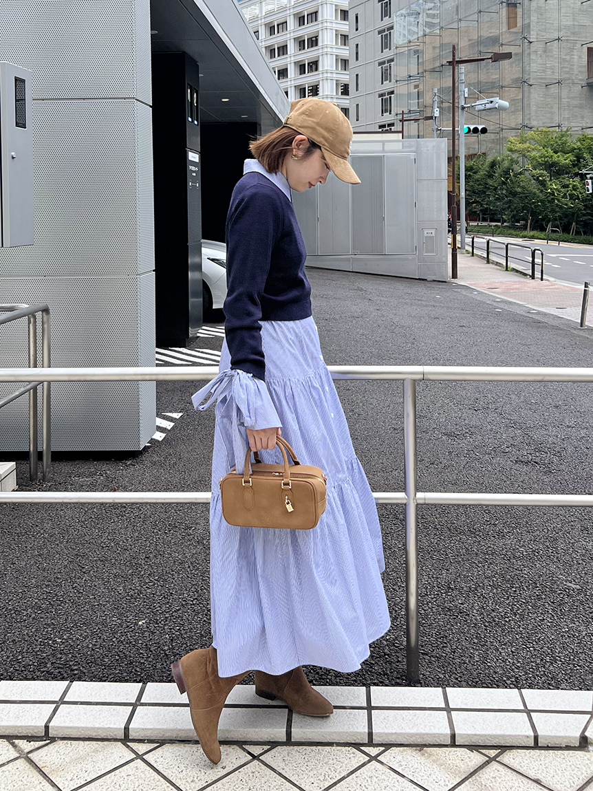 ニットセットブローチ付きロングシャツワンピース(マキシ・ロング