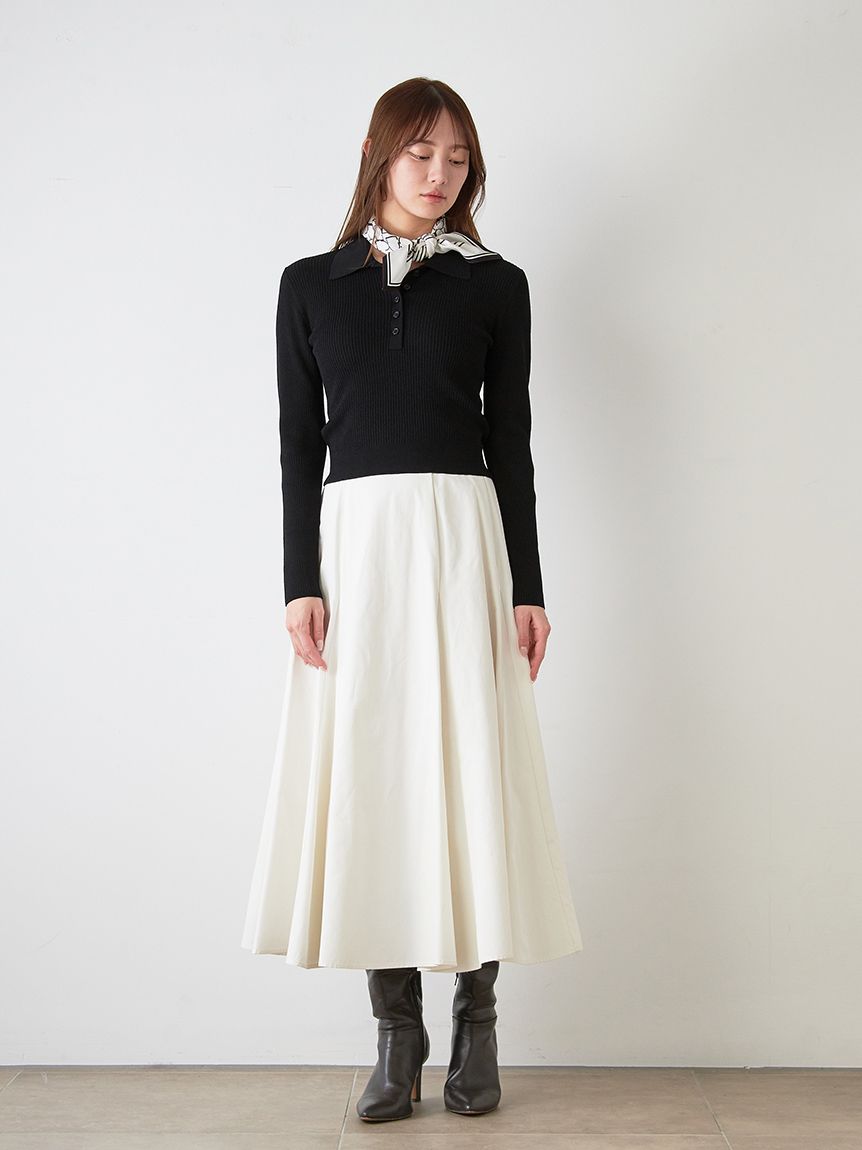 スカーフ付きポロニット×フレアスカートセット(トップス＆ボトムセット