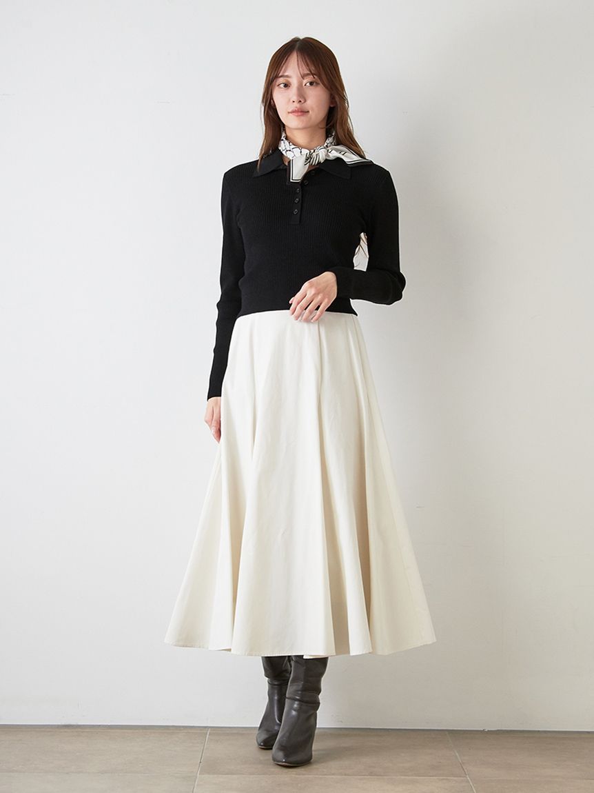 スカーフ付きポロニット×フレアスカートセット(トップス＆ボトムセット