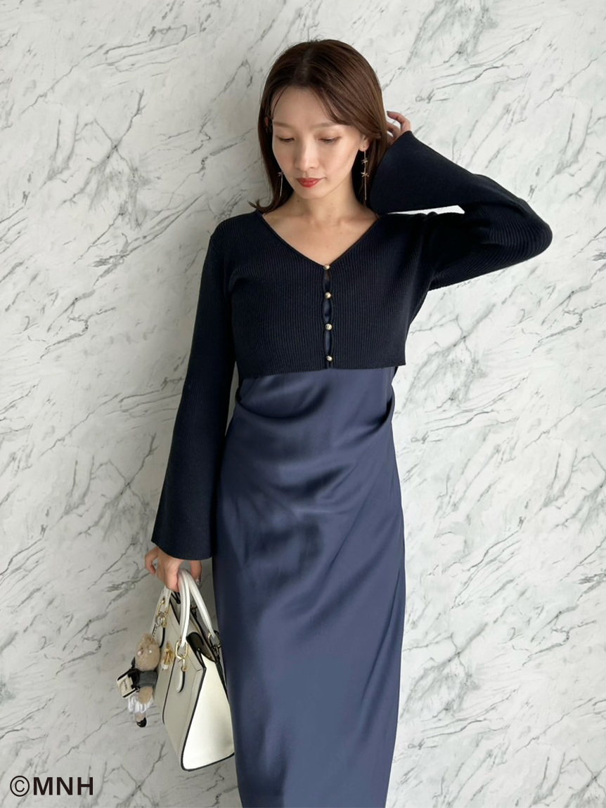 WEB限定】サテンキャミワンピースニットカーデセット(マキシ・ロング