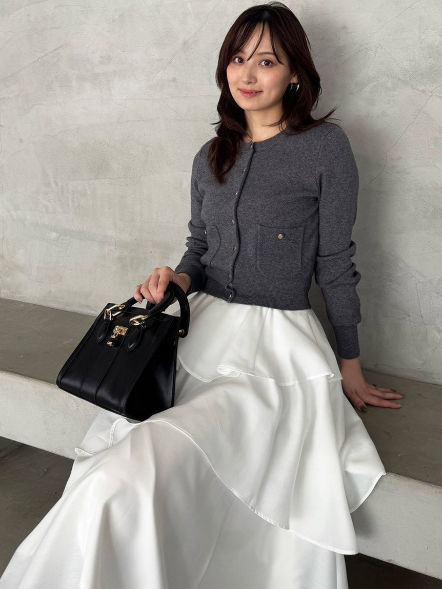 Sustainableニットカーデ×ティアードスカートセット(トップス＆ボトム