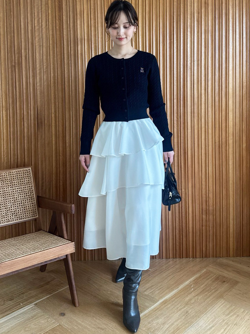 Sustainableニットカーデ×ティアードスカートセット(セットアップ