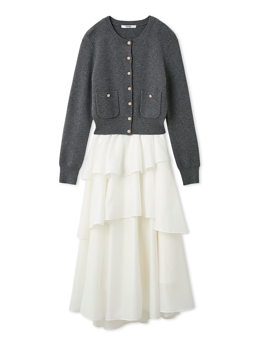 Sustainableニットカーデ×ティアードスカートセット(トップス＆ボトム