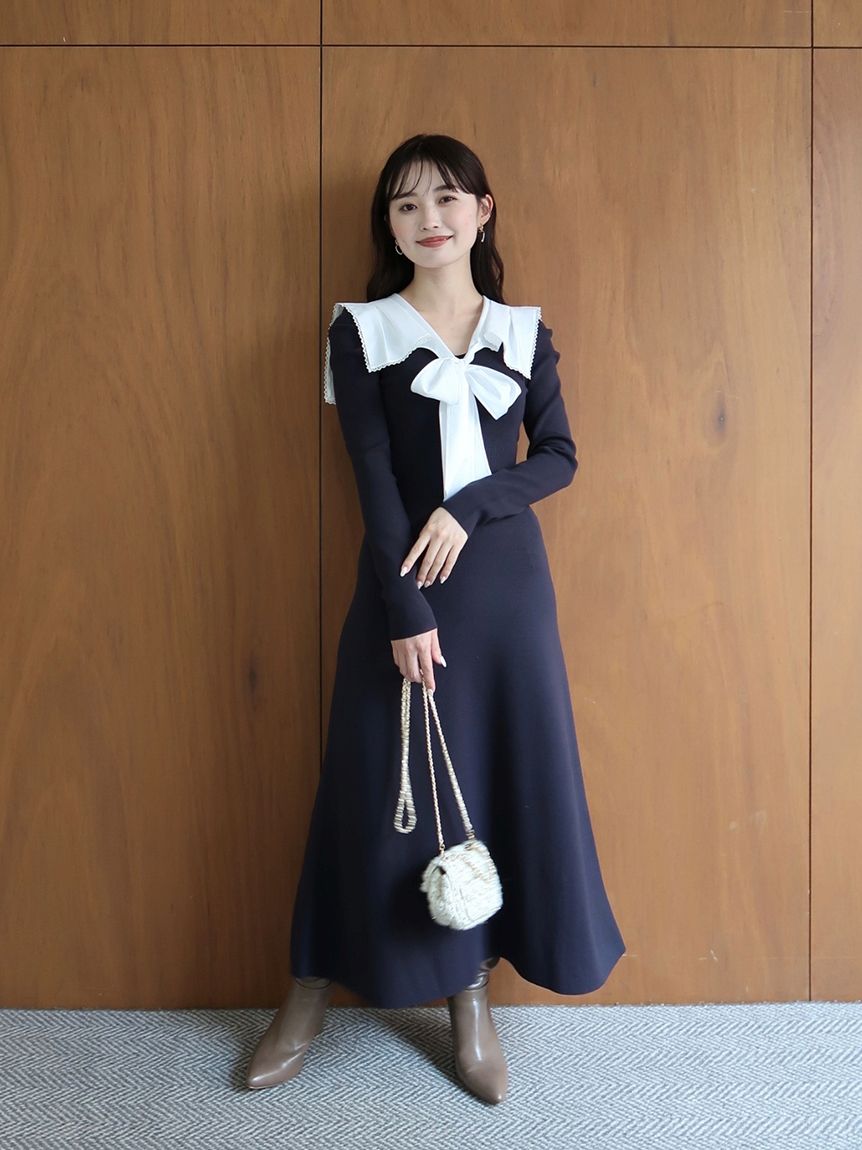 NEW YEAR'S SPECIAL ITEM】セーラーカラーニットワンピース(マキシ