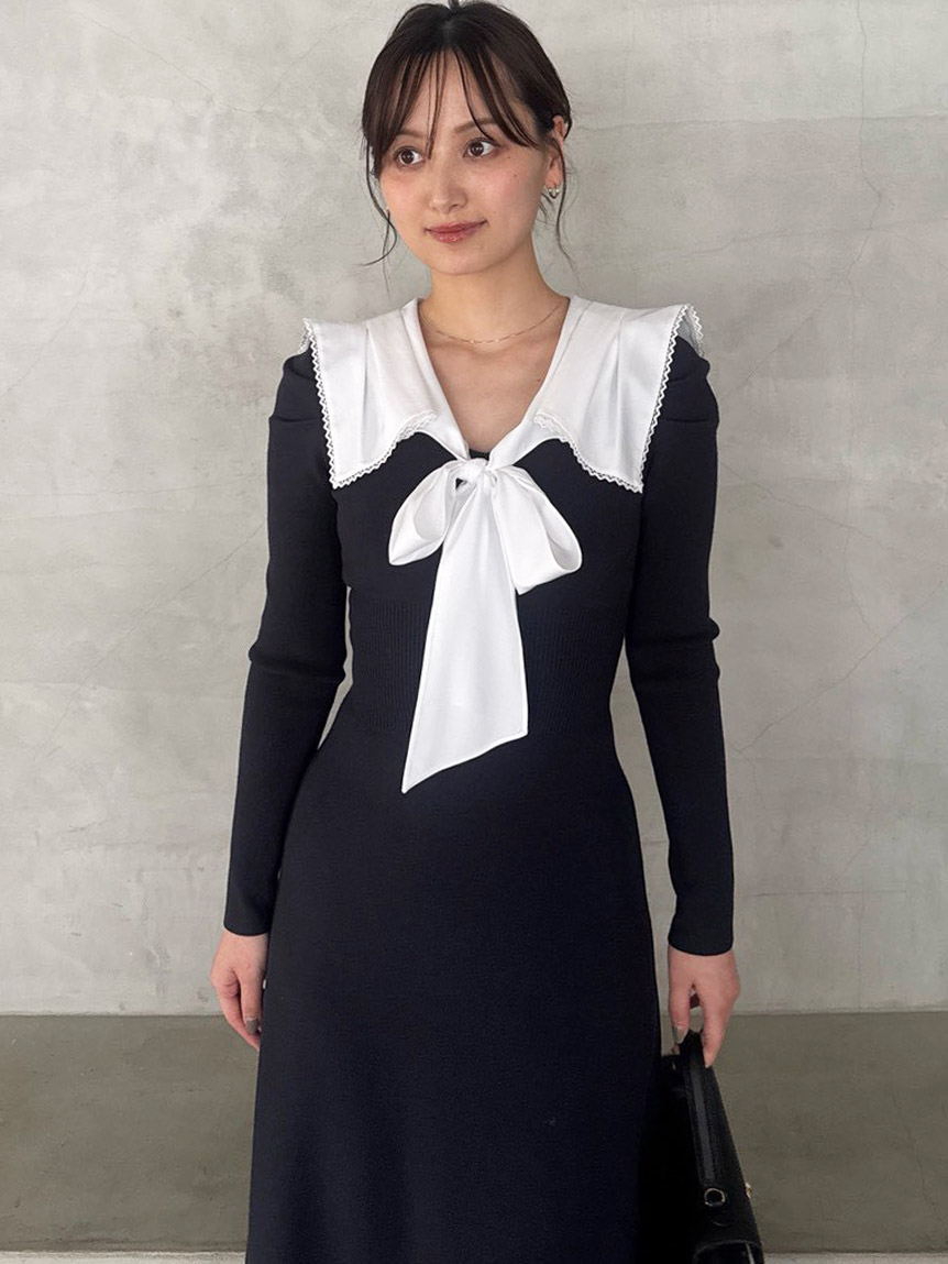 セーラーカラーニットワンピース(マキシ・ロングワンピース