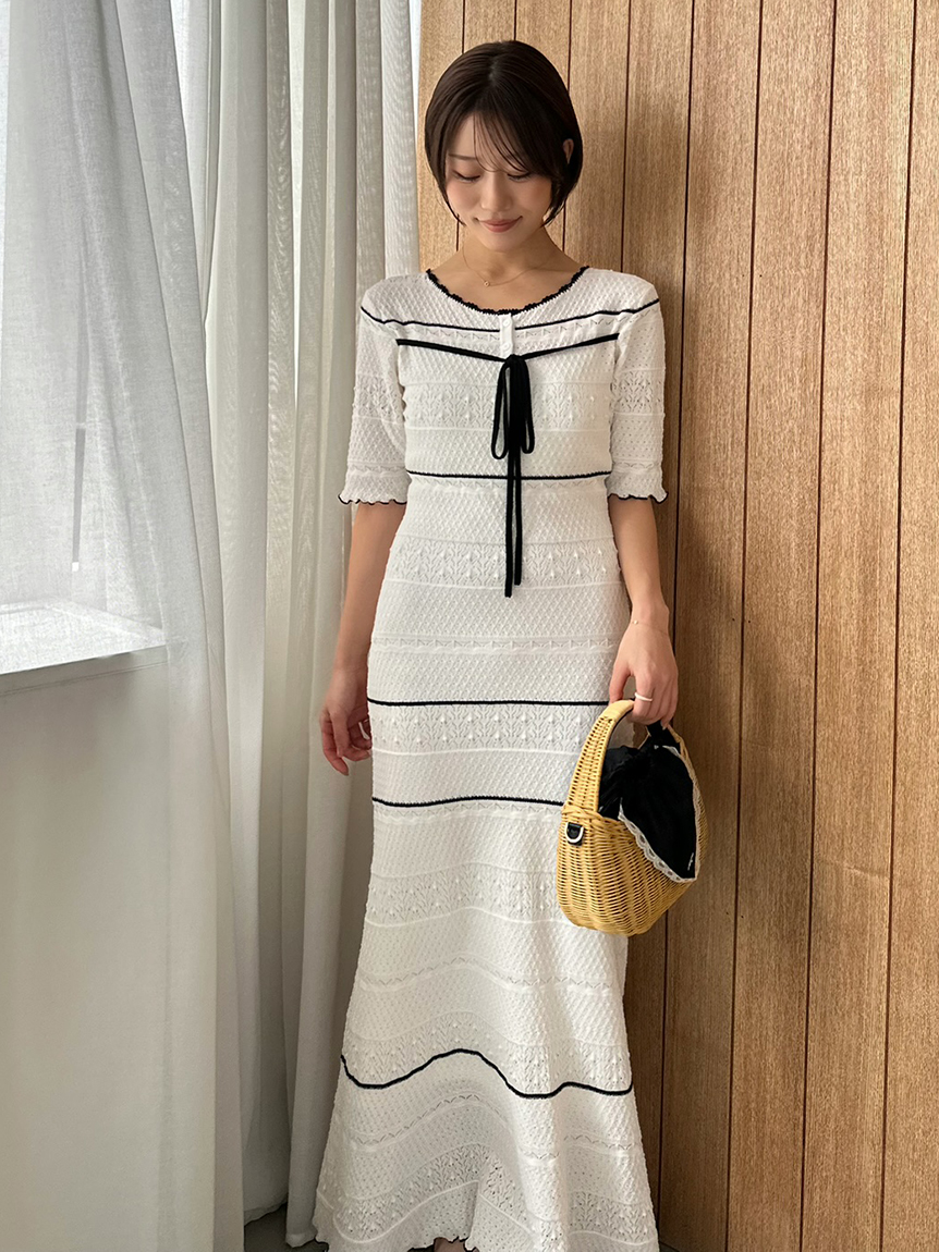 クロシェライクロングニットワンピース(ロングワンピース)｜ワンピース