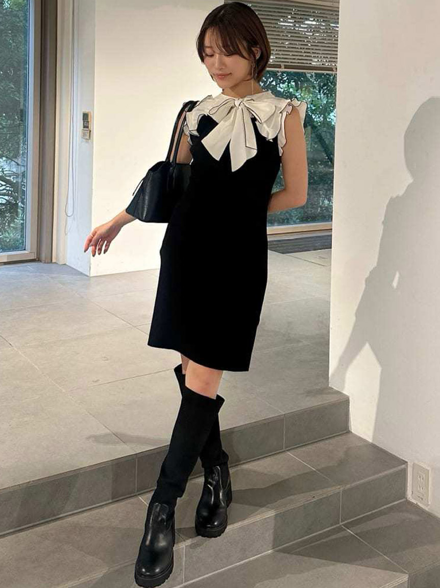 ぱ*♡様 SNIDEL ノースリーブ バルーンミニワンピース IVR サイズ1 ノースリボウタイドッキングミニニットワンピース(ミニワンピース