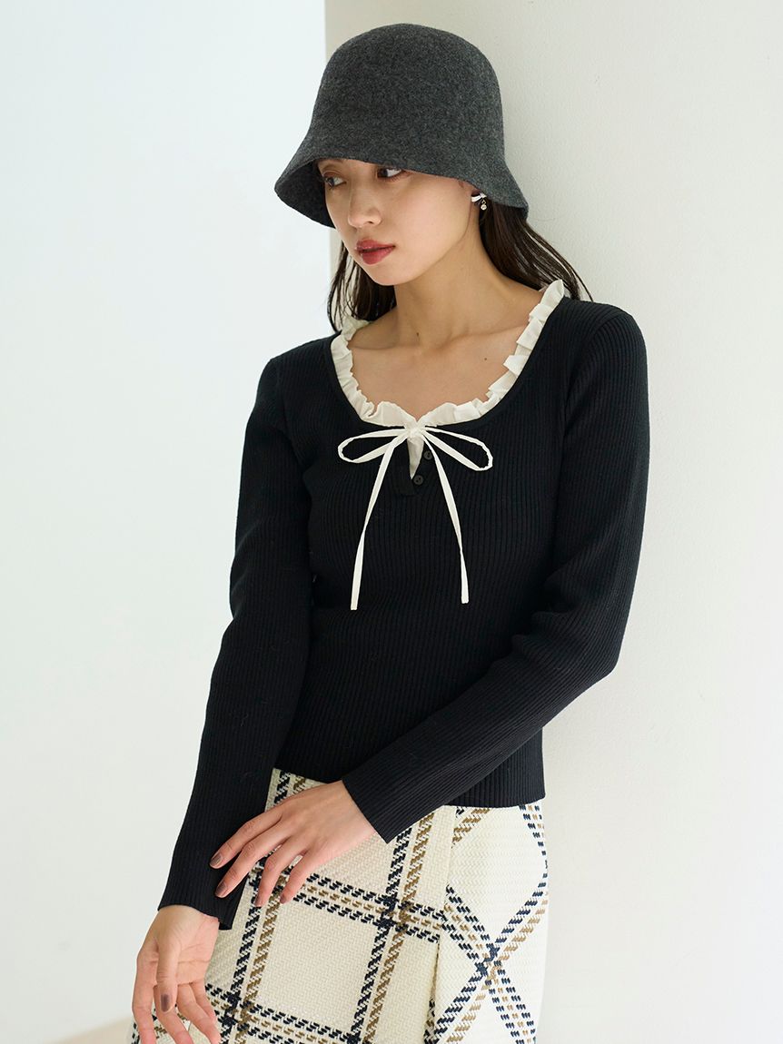 専用　19AW ドッキングニット　左胸ボタン　カーデ　フリル　ハイネック DIAVEL tシャツ 袖ストライプ柄ドッキングニットトップス/レイヤード