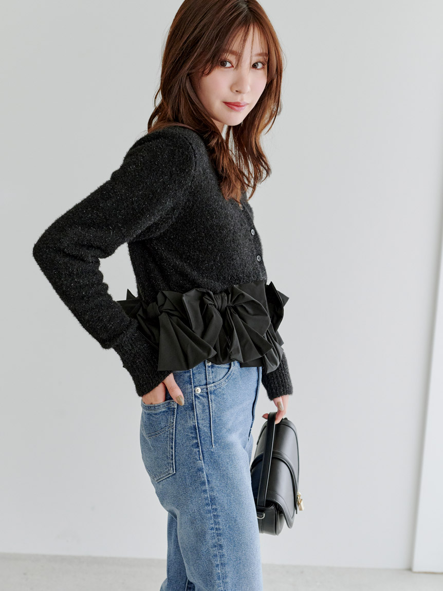 【タグ付き】SNIDEL リボンモチーフカーディガン　BLACK タグ付き】SNIDEL リボンモチーフカーディガン BLACK スナイデル