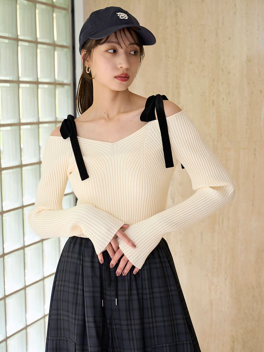 (予約) スナイデル ショルダーリボンオフショルニットプルオーバー swnt254240 (9月中旬以降入荷) レディース トップス ショート丈 SNIDEL ショルダーリボンオフショルニットプルオーバー(ニット