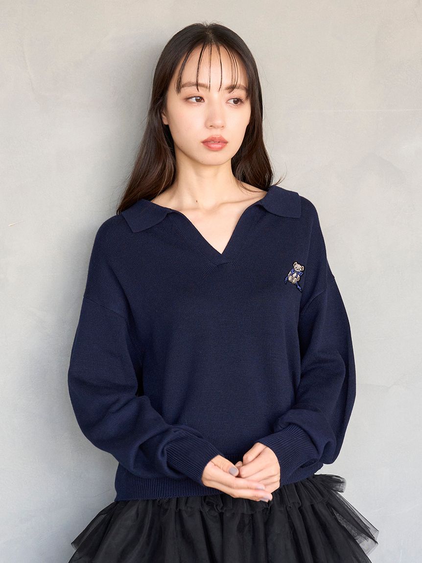 スイ　　　　　SNIDEL スキッパーニットプルオーバー ネイビー リボンベアスキッパーニットプルオーバー(ニット)｜トップス｜SNIDEL