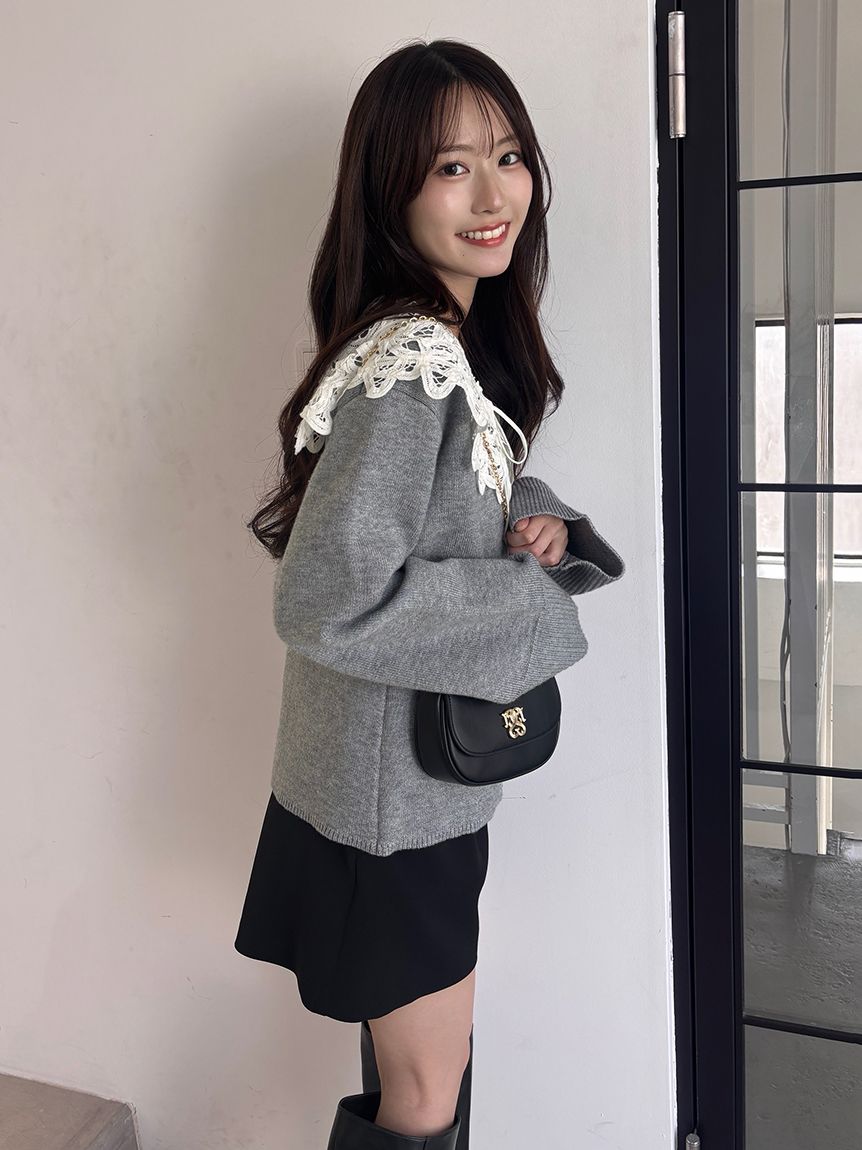 バテンレースカラーニットカーディガン(カーディガン)｜トップス