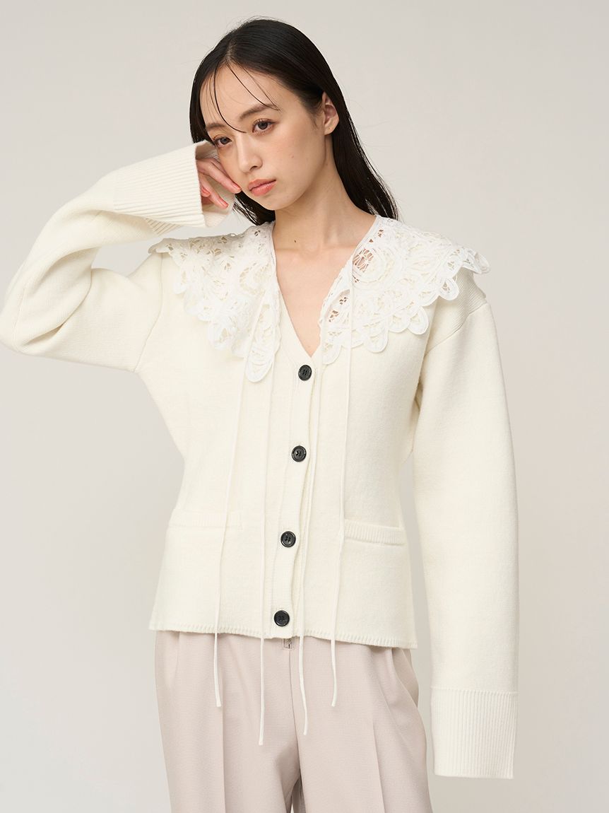 バテンレースカラーニットカーディガン(カーディガン)｜トップス