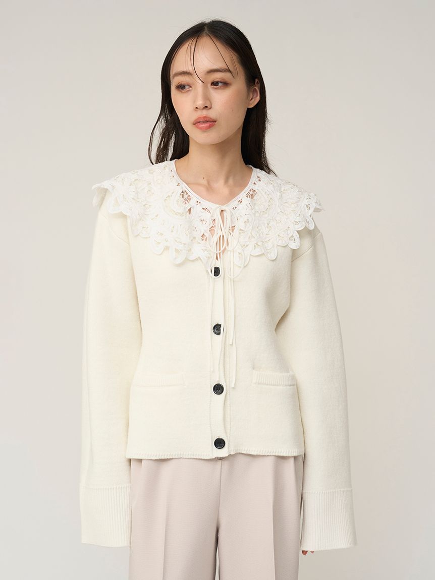 バテンレースカラーニットカーディガン(カーディガン)｜トップス