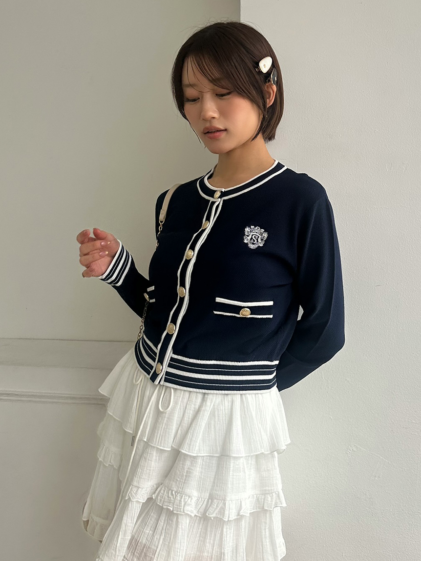 【お蘭 】SNIDEL アーガイル襟付きカーディガン 黒×ピンク UVカット】エンブレムニットカーディガン(カーディガン)｜トップス