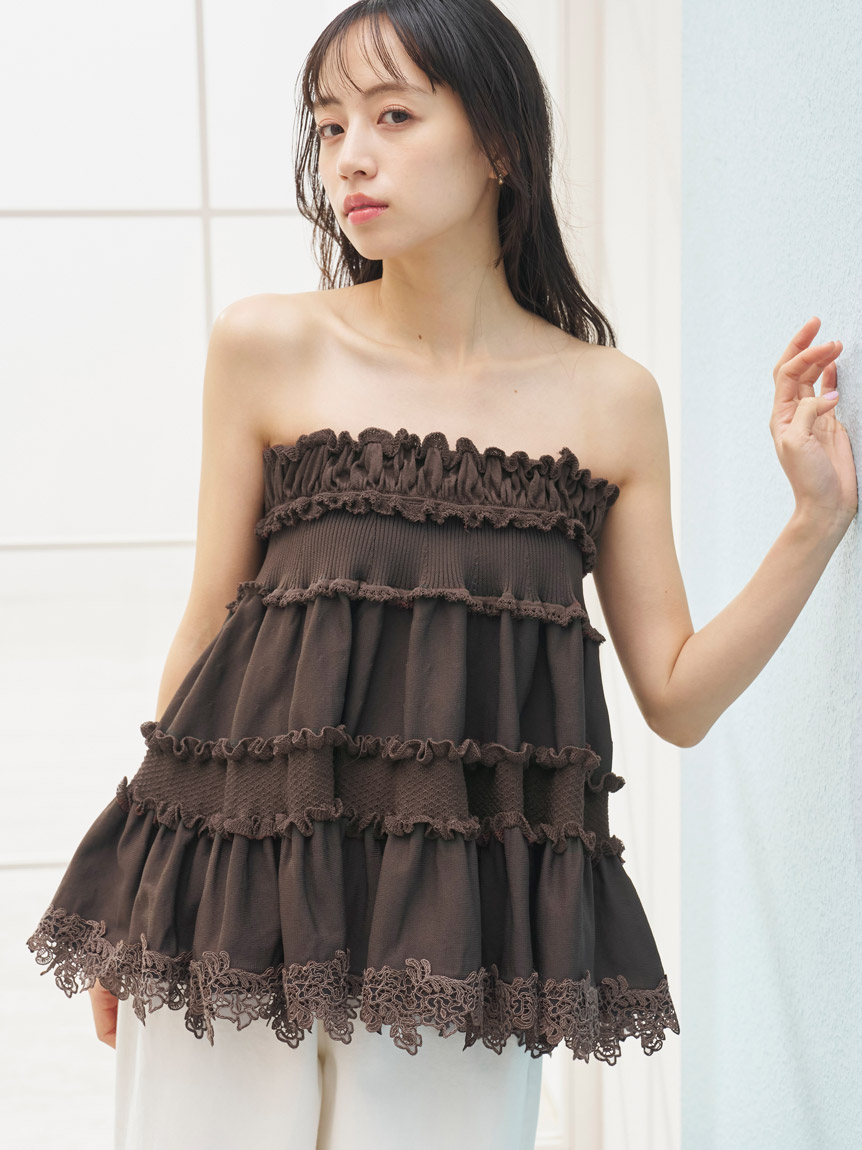 ・:*+. ミルクラテ.:+ SNIDEL フェノメナ ボリュームレーストリムニットベアトップス(ニット)｜トップス｜SNIDEL